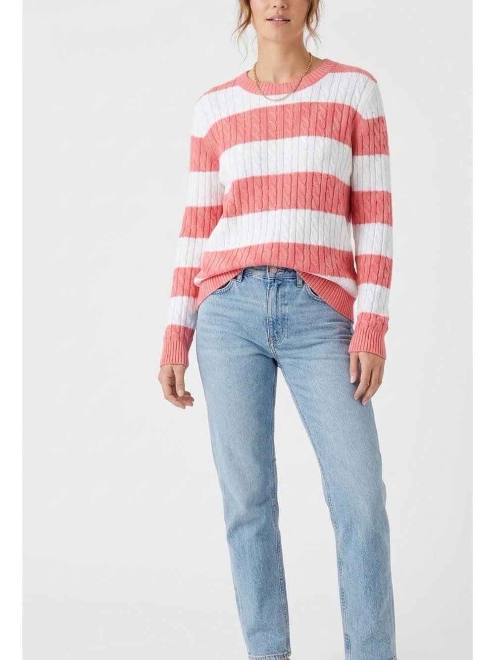 Land’s End Drifter Cotton Cable Knit Crew Pull Over Sweater SZ M Classic Preppy